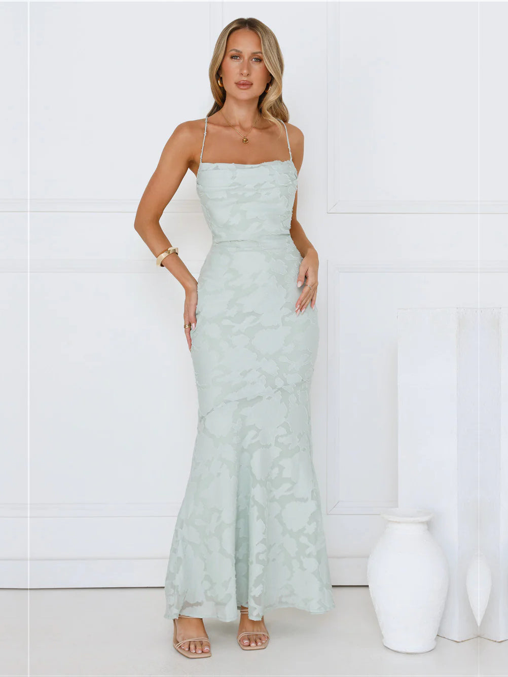 Sage mermaid maxi formal dress with sweetheart neckline, alternate view