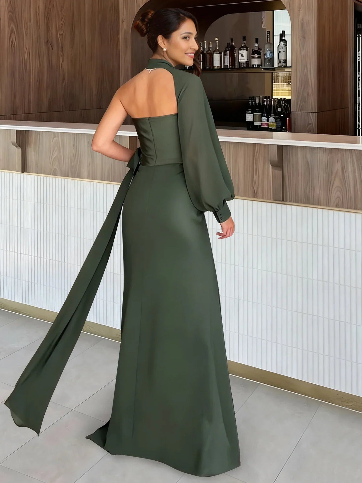 Olive green halter sheath formal dress, open back with high slit and flowing drape sleeves