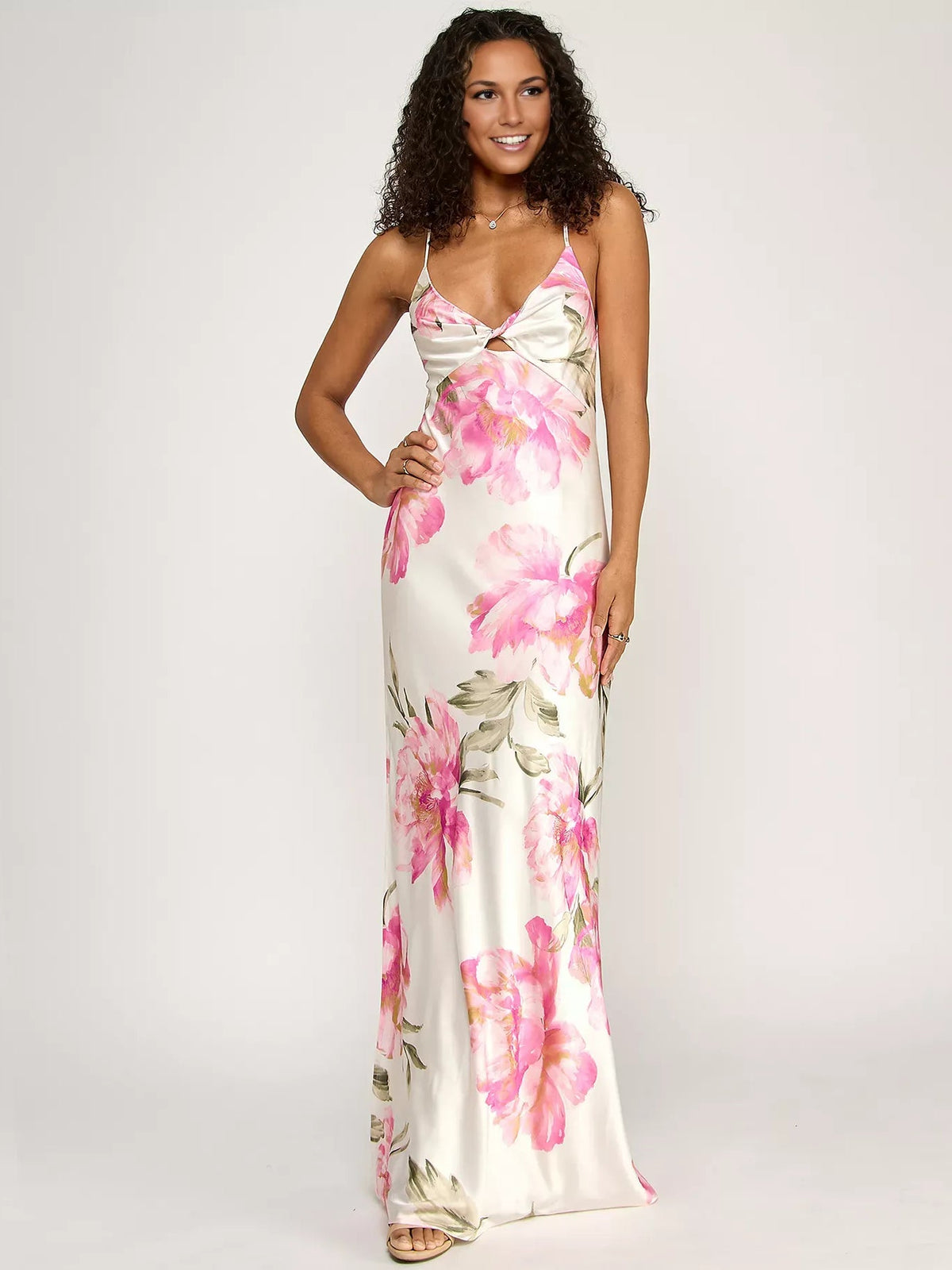 Floral V-neck spaghetti-strap maxi dress, cream base with pink and purple blossoms