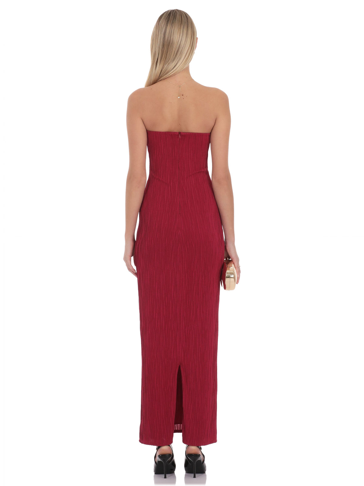 Red bridesmaid dress with structured woven fabric construction and maxi hem