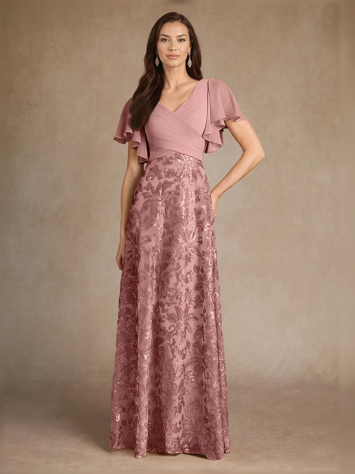 Dusty rose V-neck A-line maxi chiffon mother-of-the-bride dress with flutter sleeves