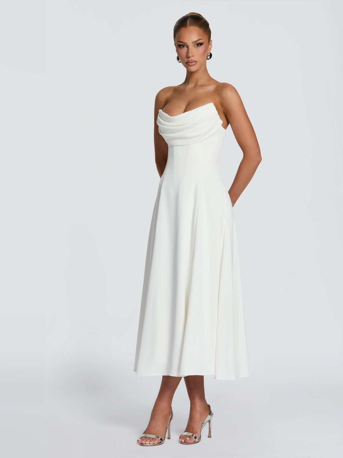 Ivory strapless midi formal dress with draped neckline and flared skirt