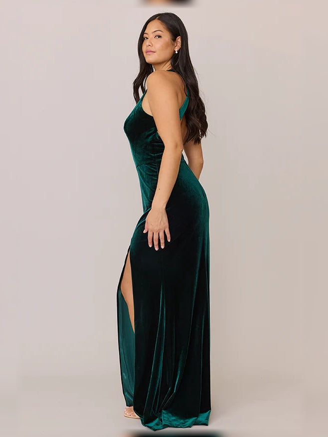 Dark green velvet mermaid bridesmaid dress, sleeveless V-neck, side slit