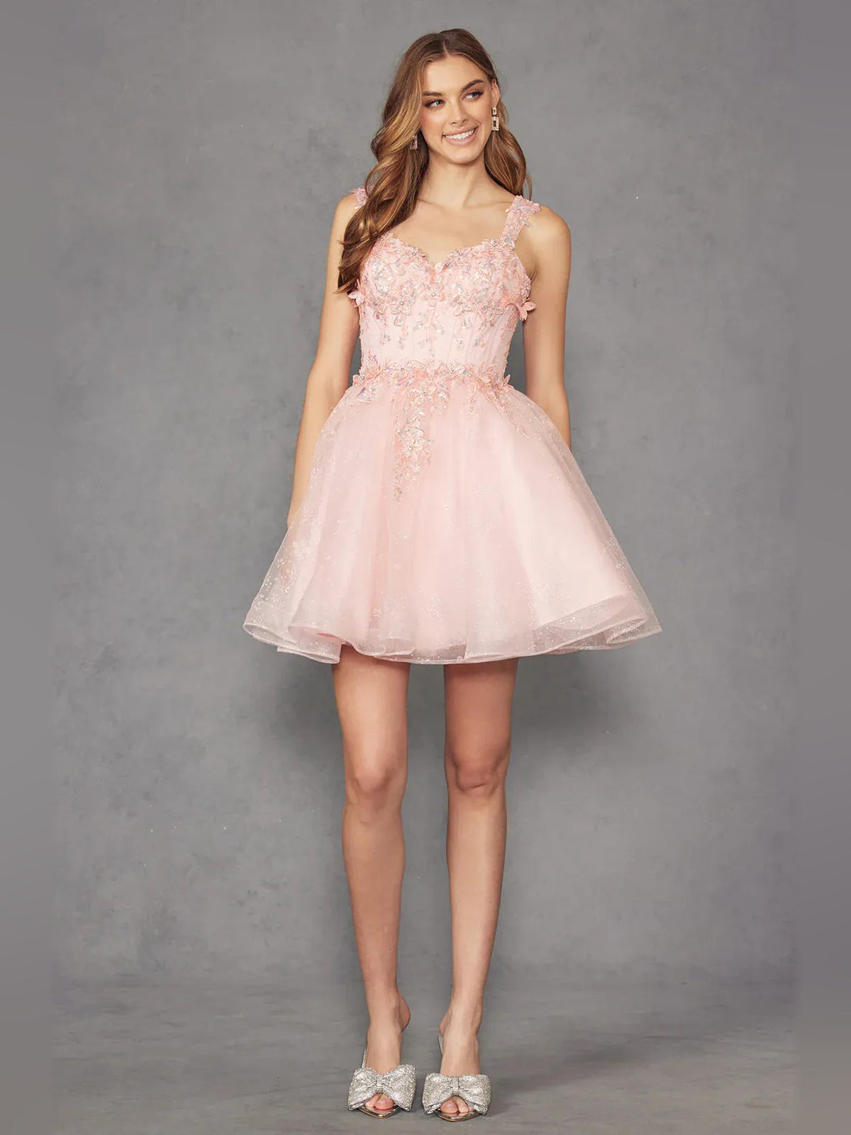 Blush pink short tulle A-line dress with corset bodice and layered skirt, floral appliques