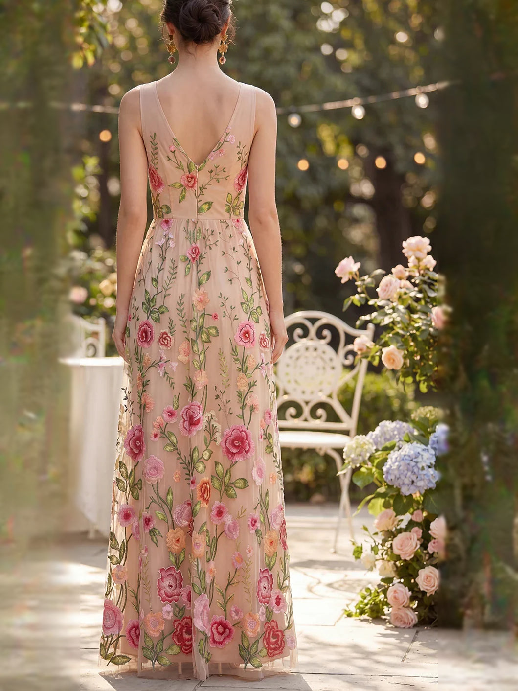 Floral embroidered open-back A-line maxi tulle dress, sleeveless with thin straps