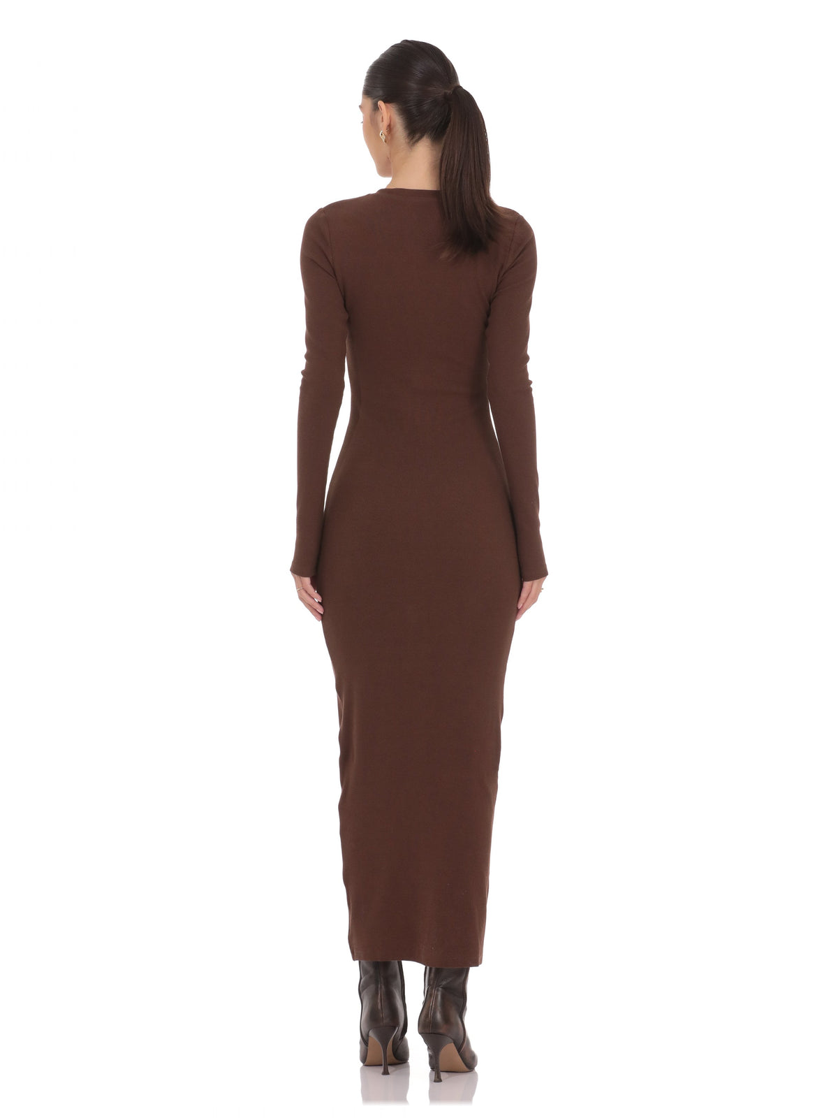 Brown bridesmaid dress with structured woven fabric construction and maxi hem