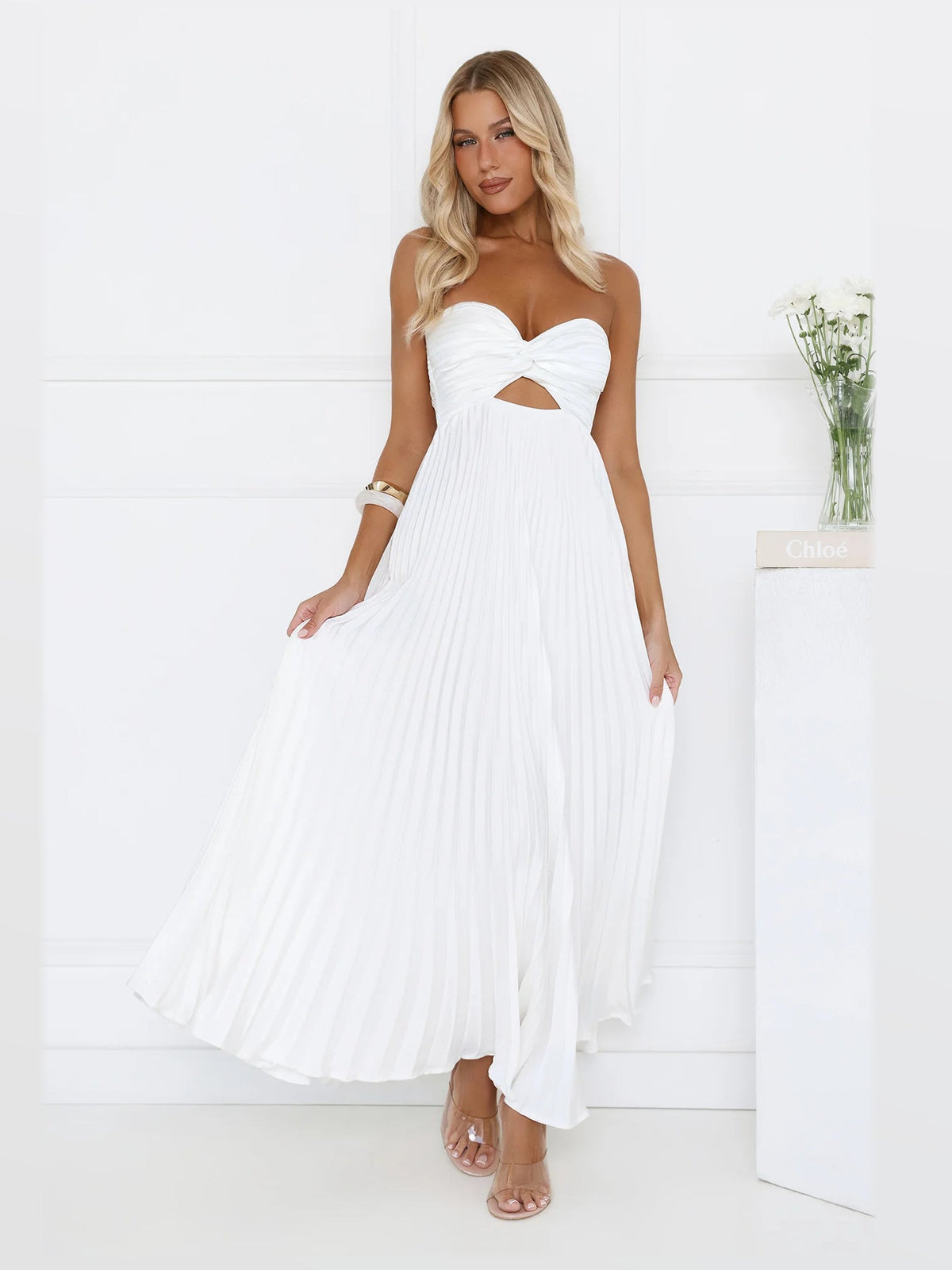 White maxi formal dress, alternate full-length view showing the waistline