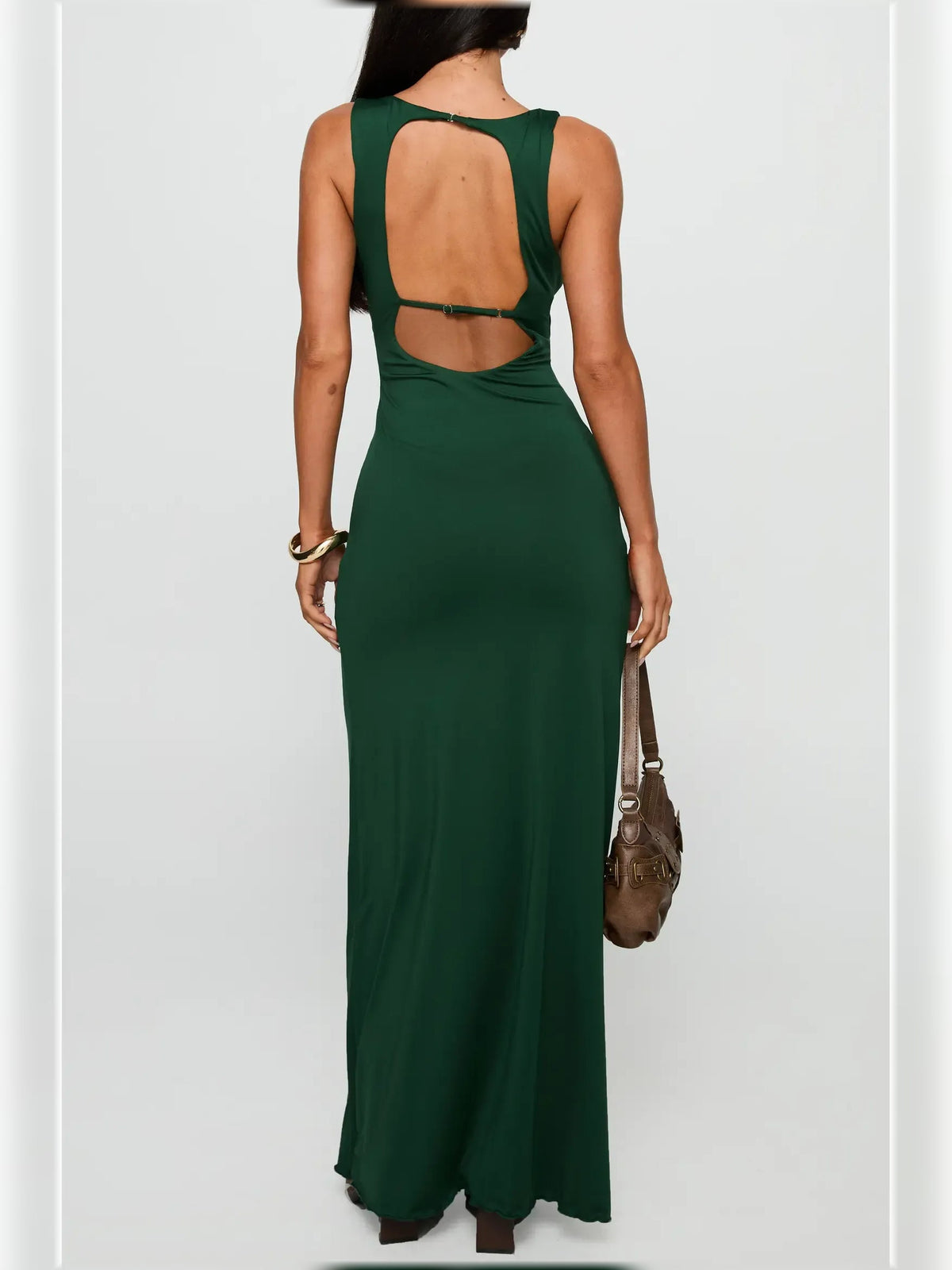 Forest green V-neck ruched formal maxi dress with back cutout
