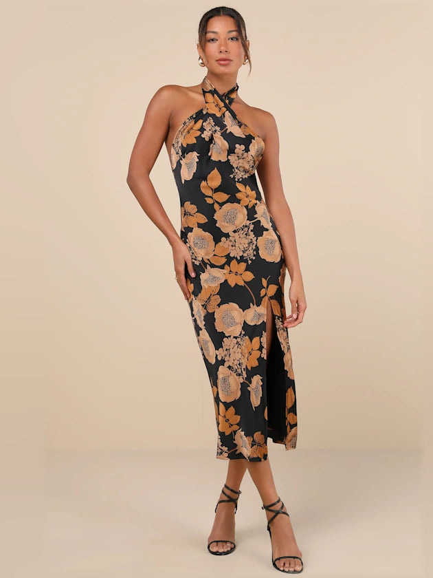 Satin halter midi formal dress, front view, black satin with gold floral print