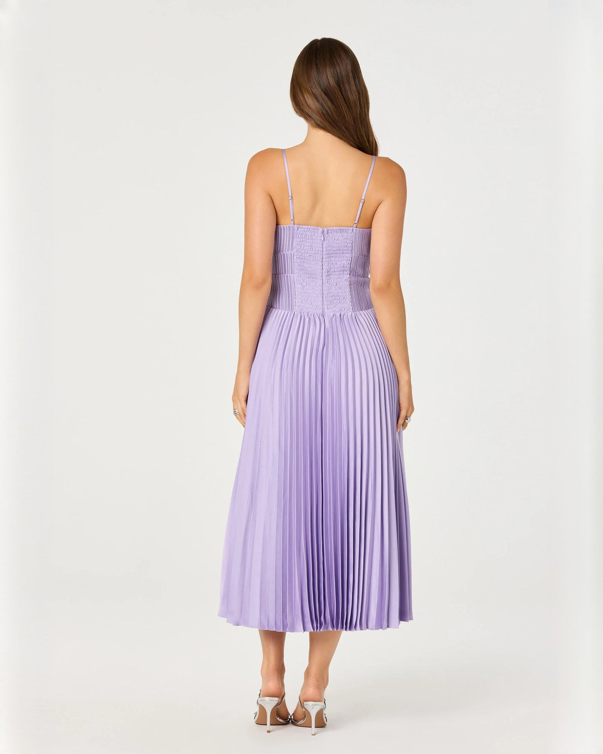 Lilac sleeveless chiffon midi dress, pleated A-line skirt, open-back with thin straps