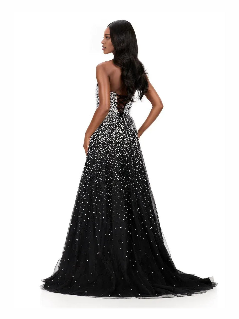 Black beaded sweetheart corset A-line tulle prom dress, floor-length, side view