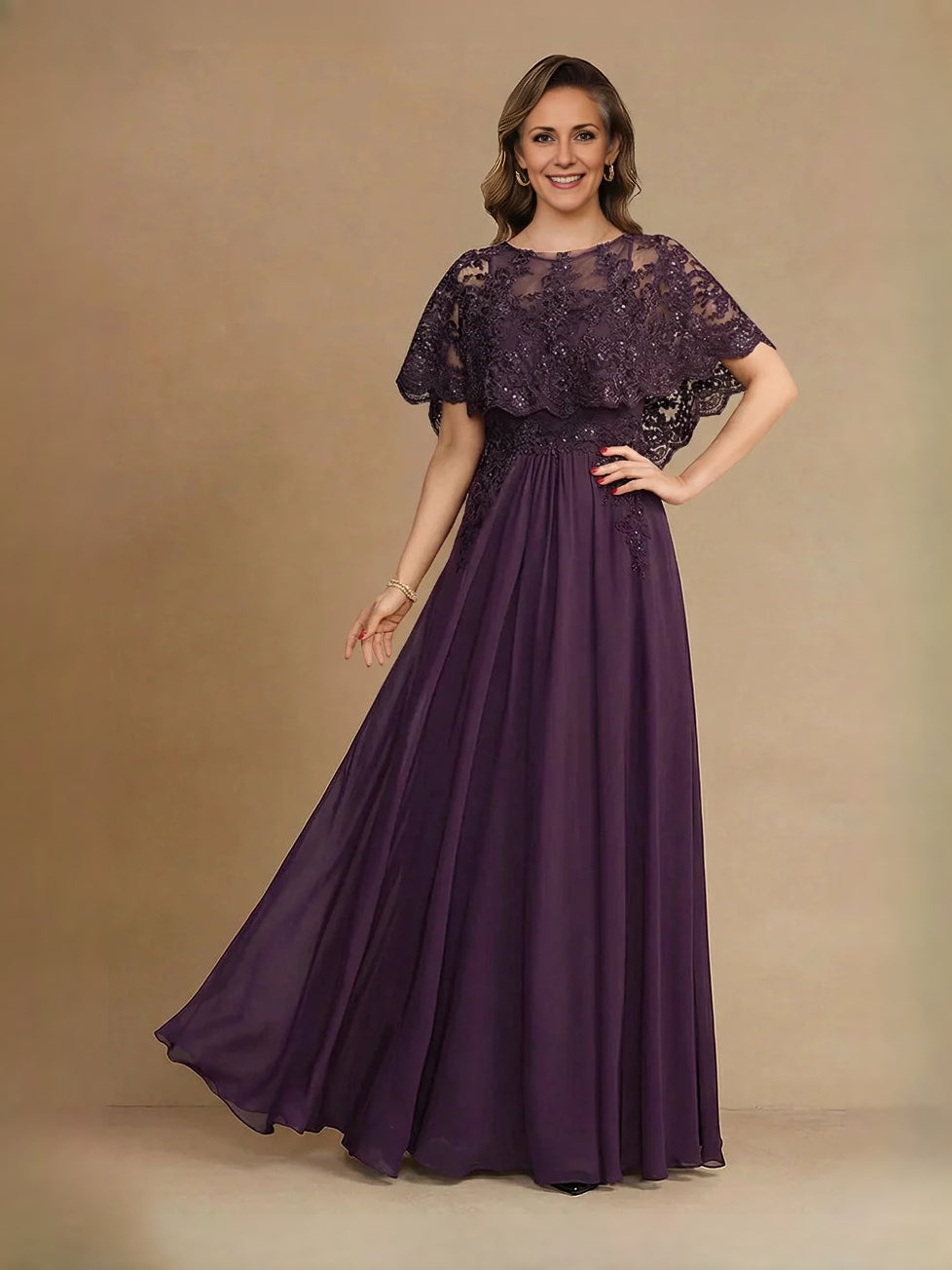 Deep purple chiffon A-line mother-of-the-bride dress with sequined lace cape sleeves