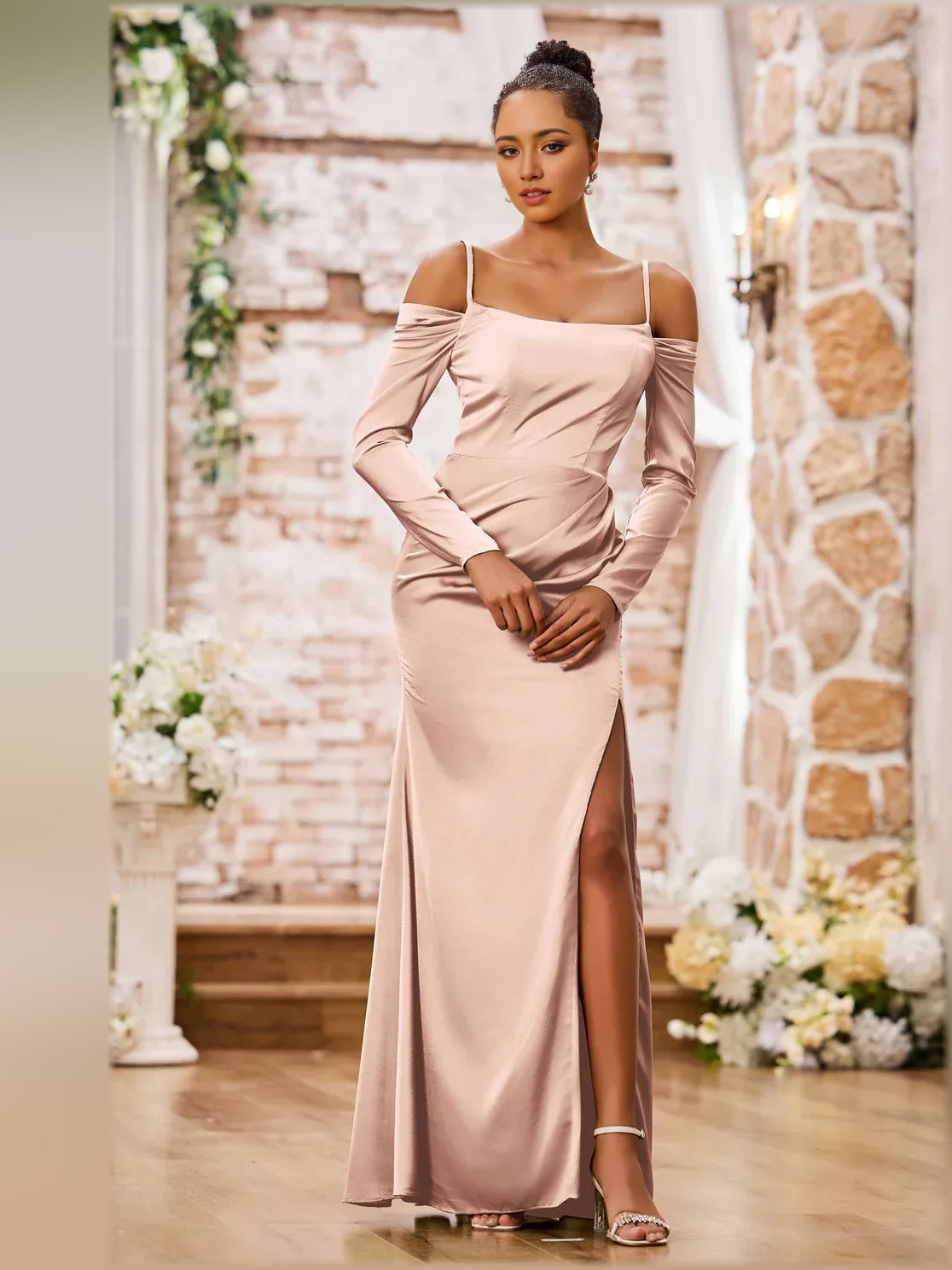 Blush pink off-shoulder long-sleeve formal dress with ruching and front leg slit