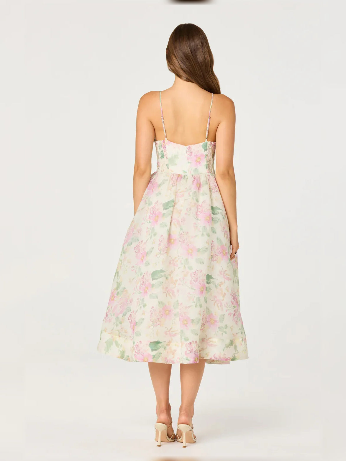 Floral print spaghetti strap midi dress, open back view, pastel pink and green