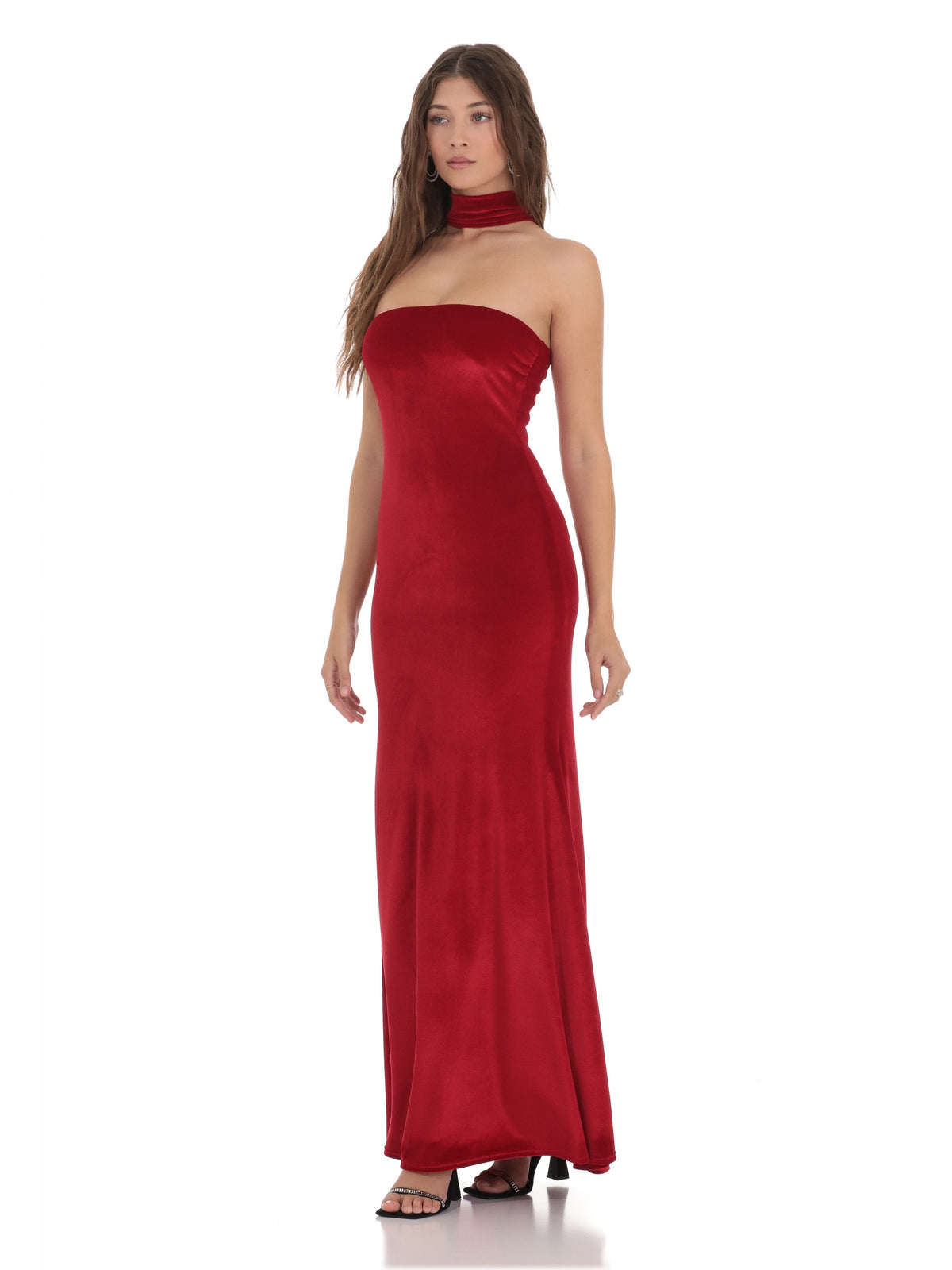 Red bridesmaid dress with structured woven fabric construction and maxi hem