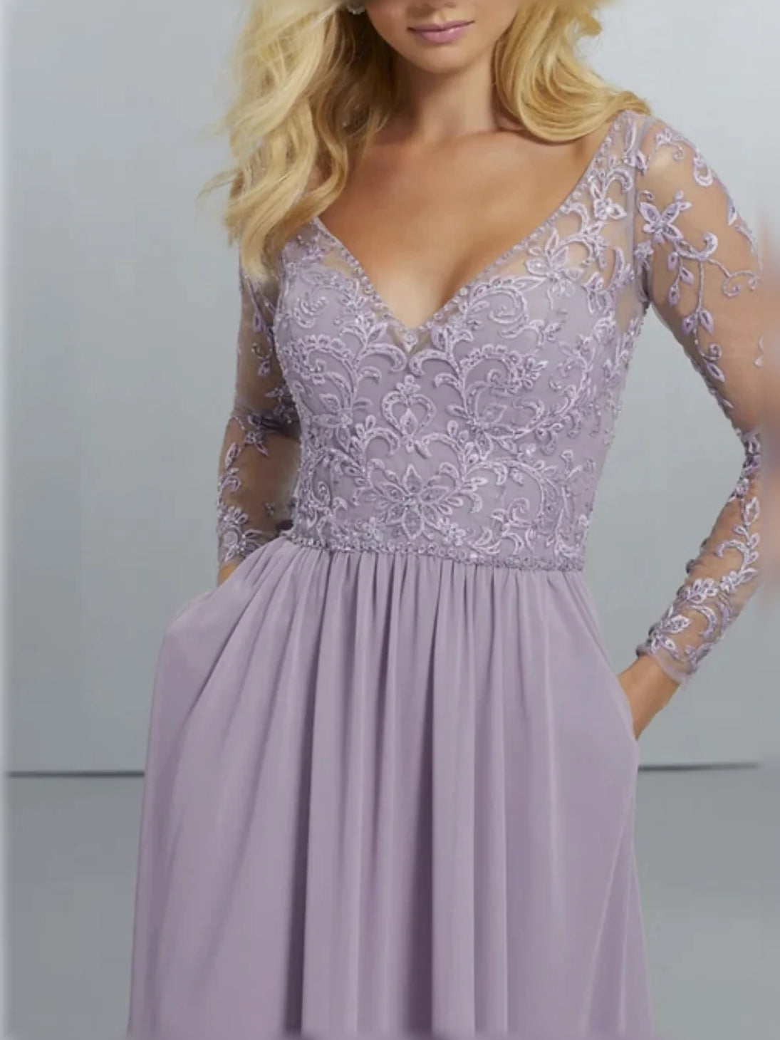 Lilac embroidered V-neck A-line chiffon bridesmaid dress bodice with long lace sleeves