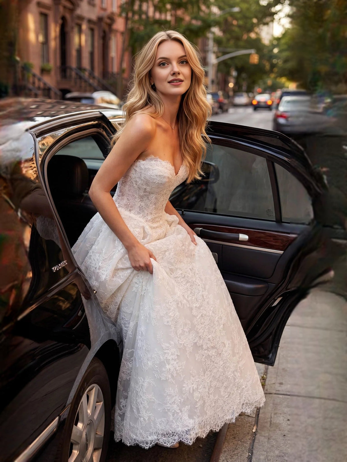 Ivory tulle A-line wedding dress with sweetheart neckline, fitted bodice, and lace skirt