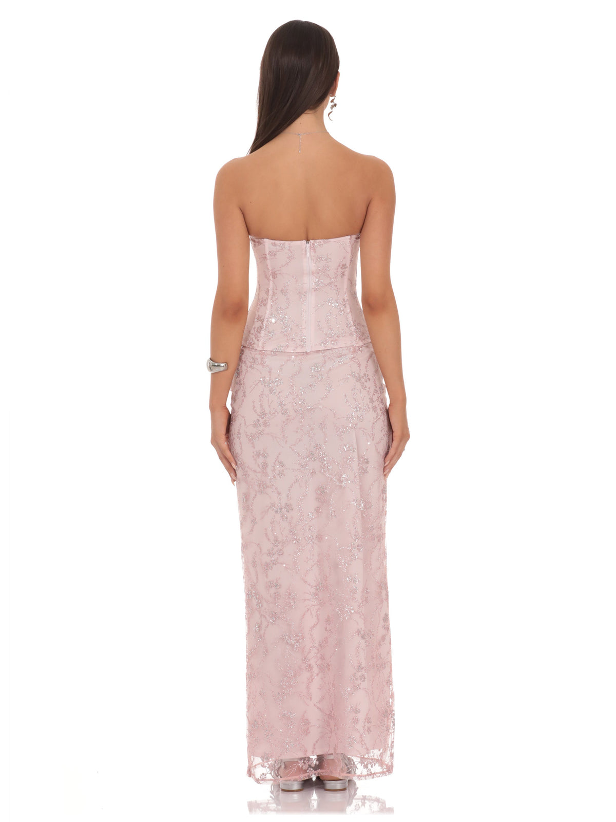 Blush Pink bridesmaid dress with structured woven fabric construction and maxi hem