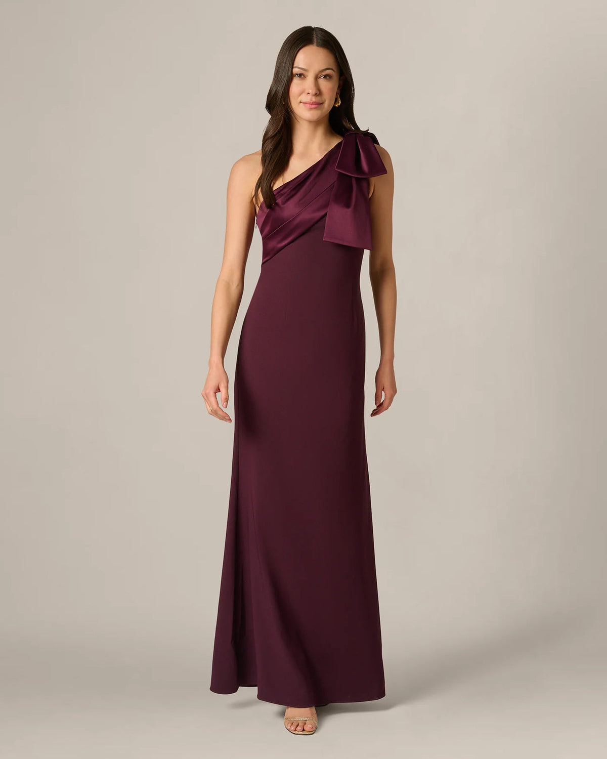 One-shoulder burgundy wine A-line maxi dress with shoulder bow detail
