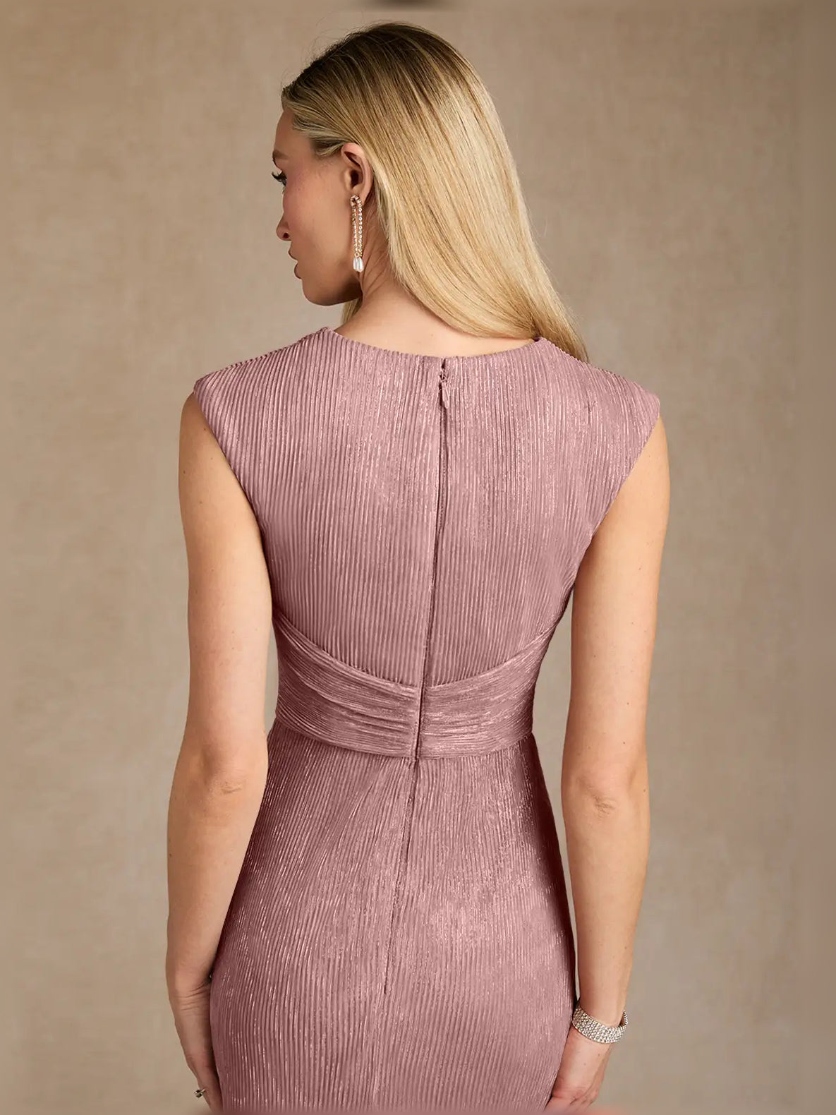 Dusty rose sleeveless V-neck maxi dress with back pleats and gathered waist detail