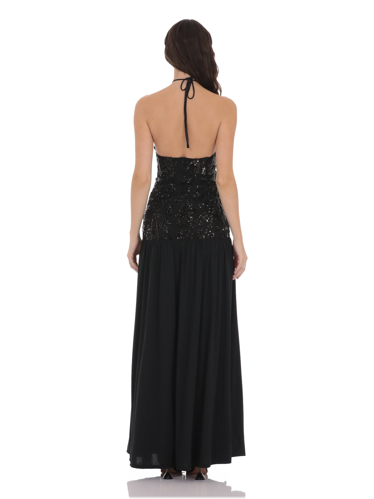 Black bridesmaid dress with mesh construction and maxi hem
