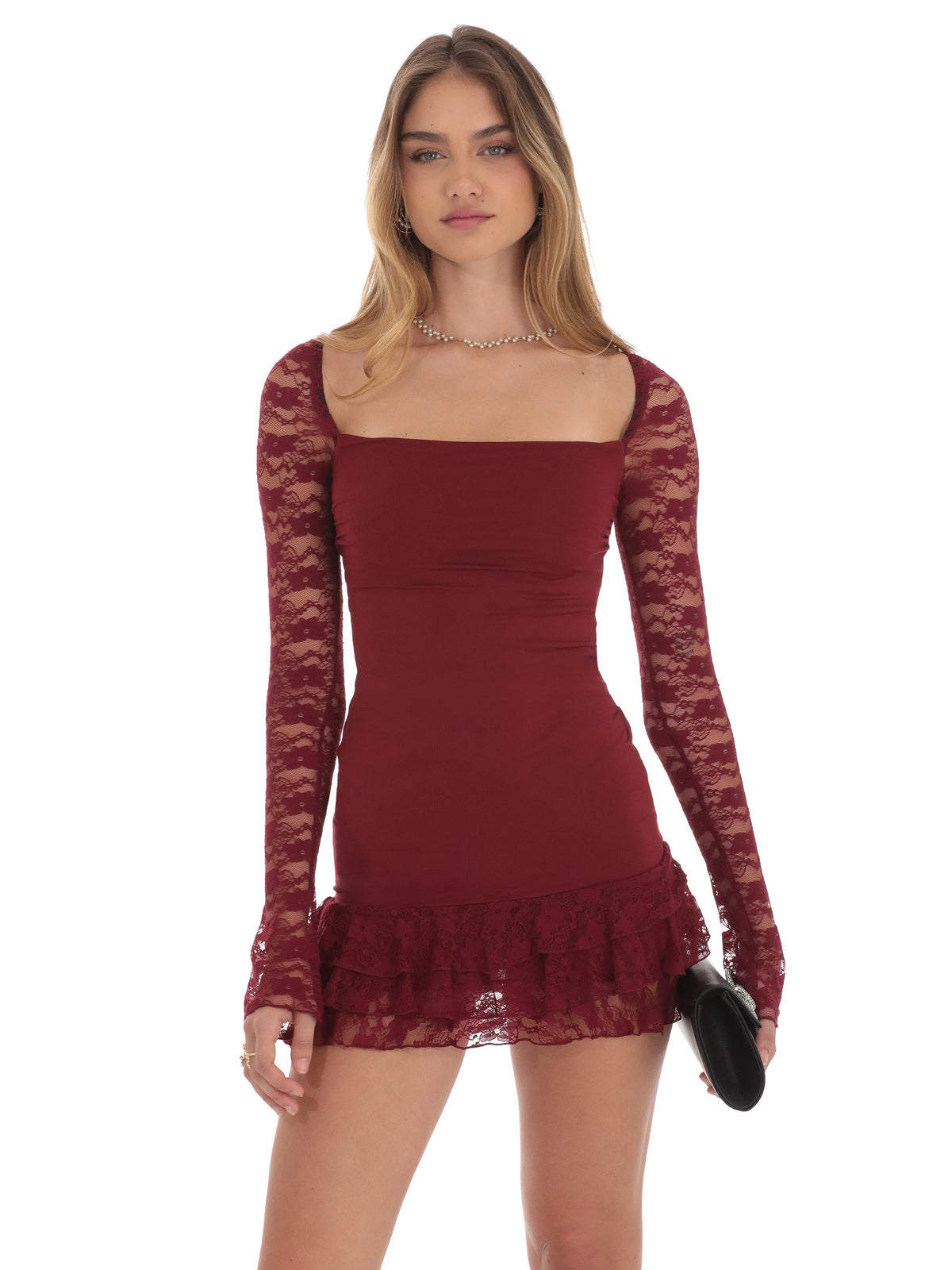 Maroon homecoming dress with mesh construction and maxi hem