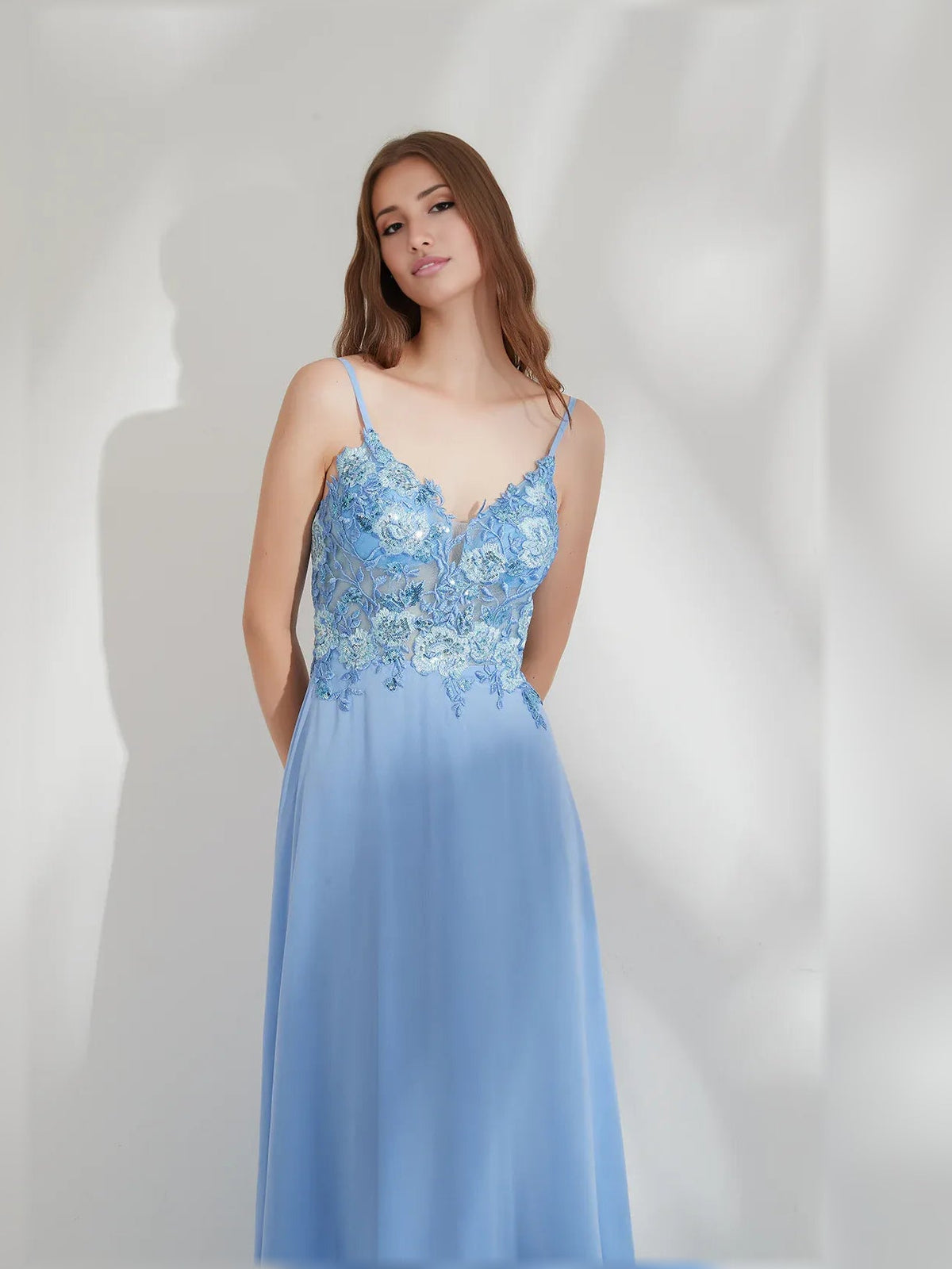 Blue floral lace V-neck A-line formal dress with thin straps, floor-length