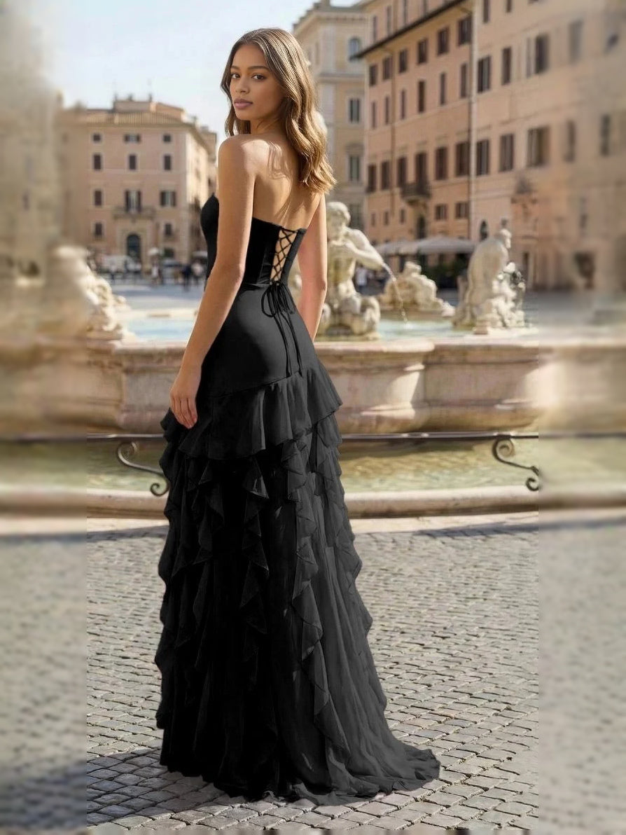 Strapless tiered ruffled prom dress in black, A-line high-low hem