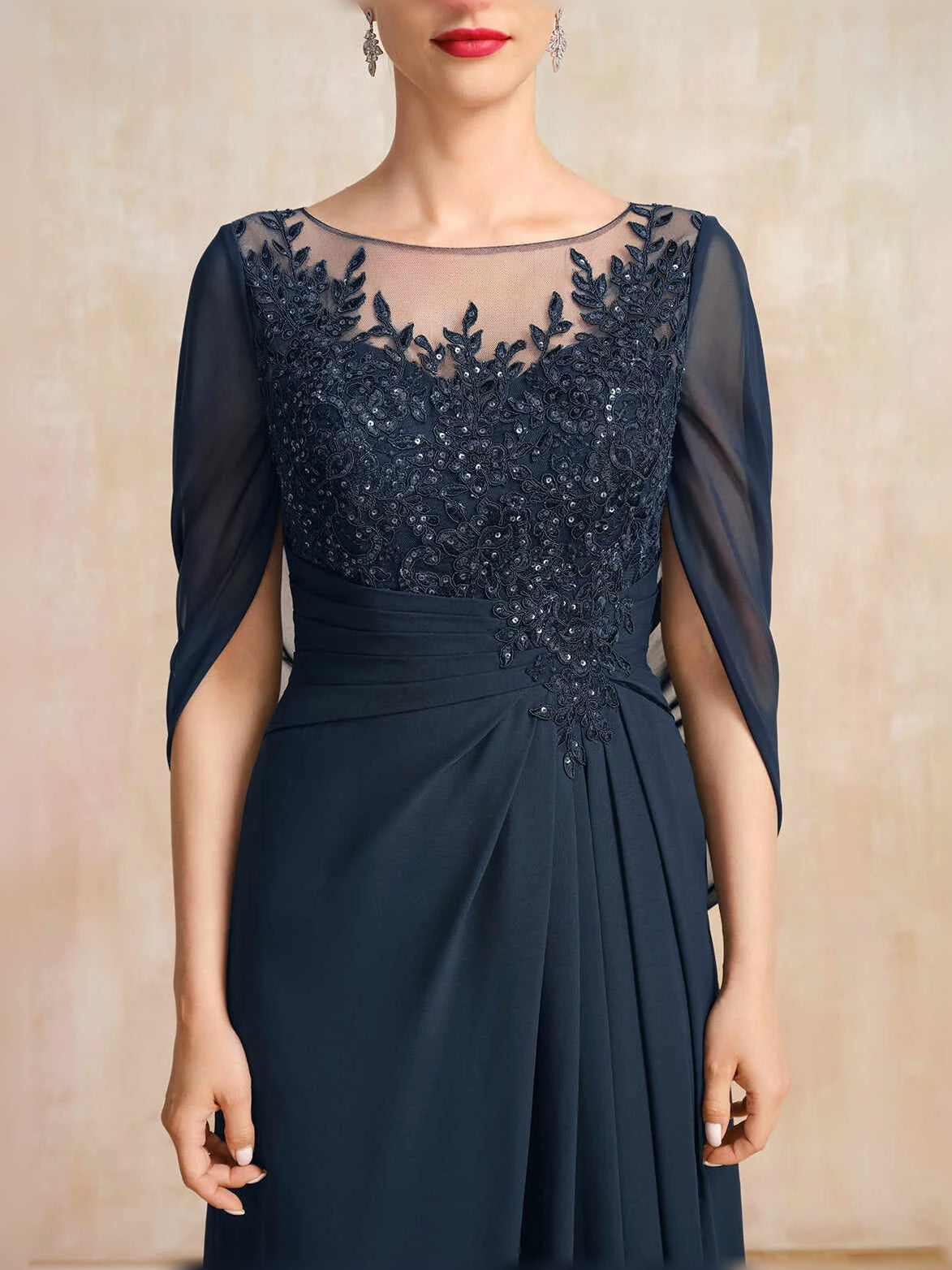 Dark blue chiffon dress with illusion bateau neckline and beaded floral bodice