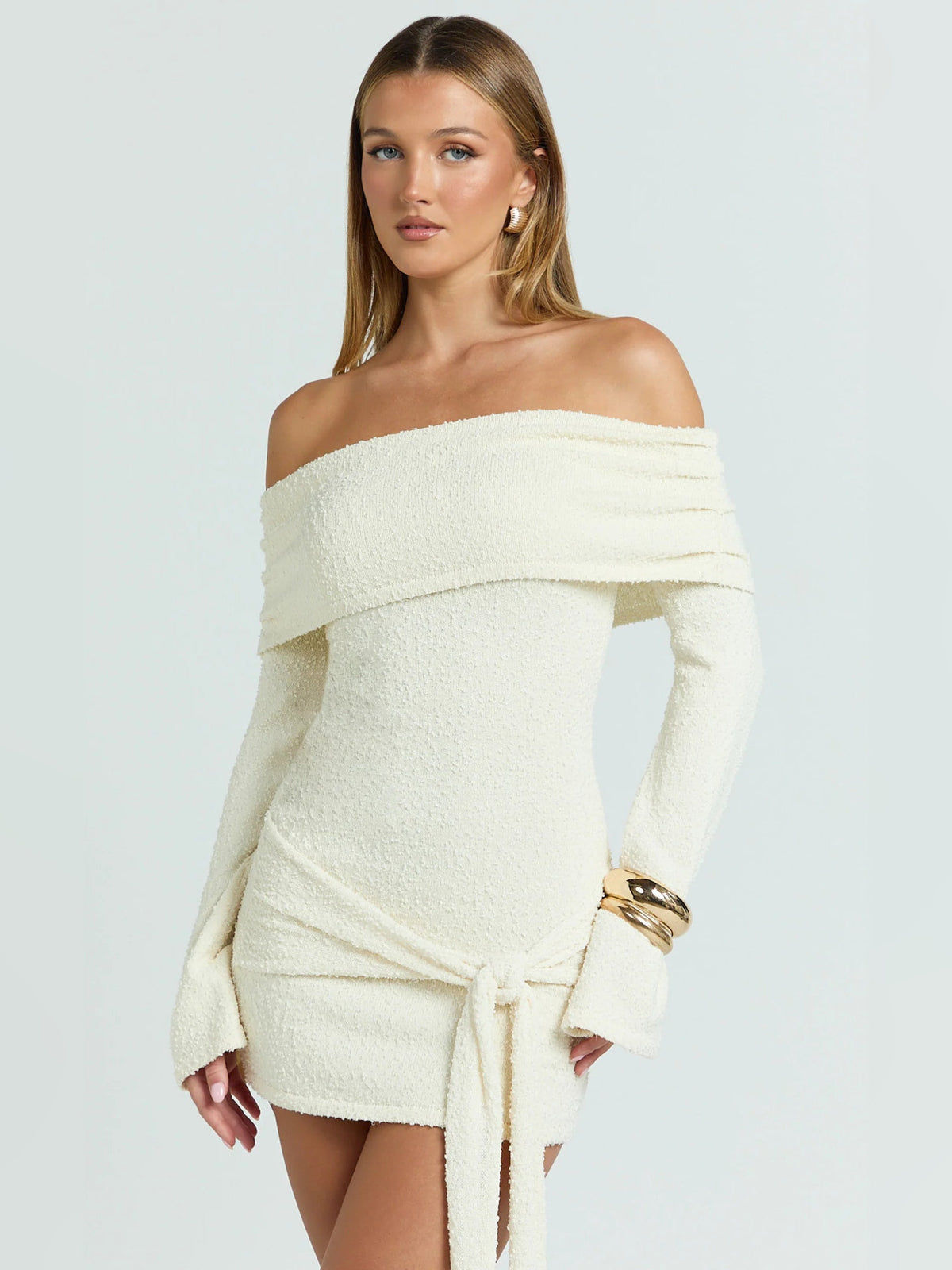 Cream off-shoulder mini homecoming dress with long sleeves and tie-front waist