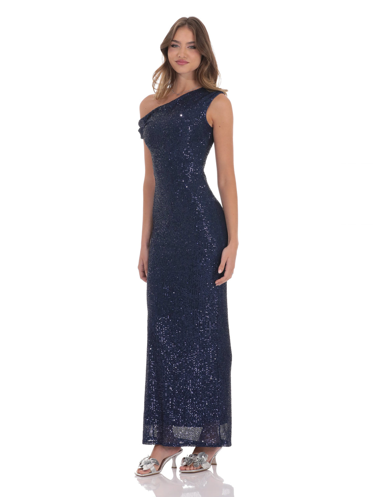 Navy bridesmaid dress with mesh construction and maxi hem
