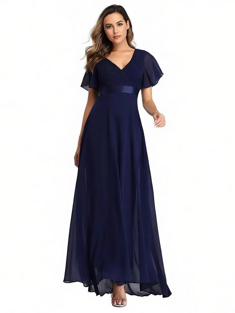 Dark navy ruched corset V-neck A-line maxi dress with short flutter sleeves