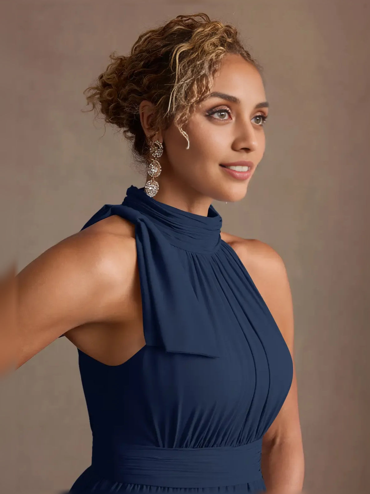 Navy halter-neck ruched bodice maxi dress close-up