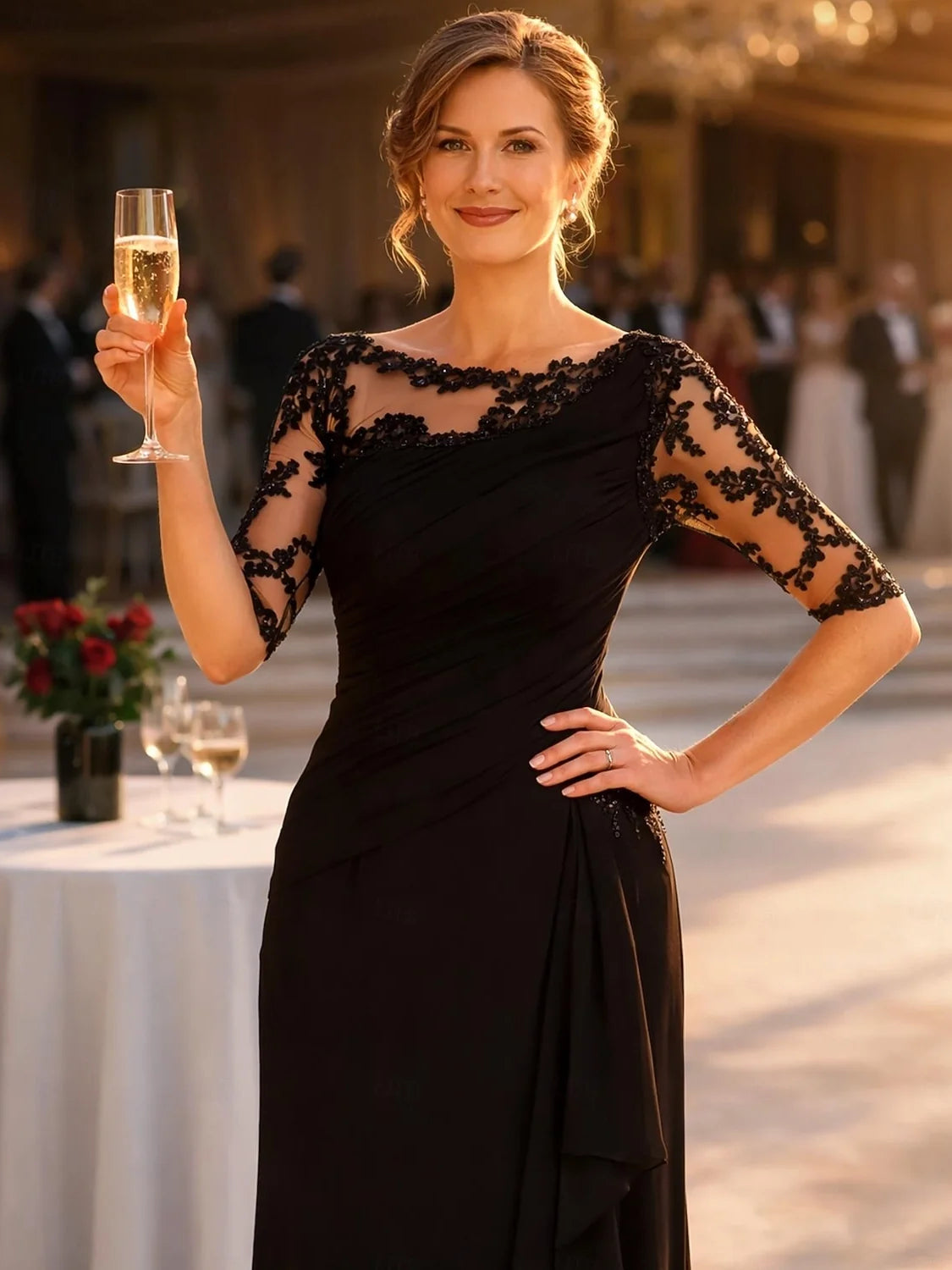 Black one-shoulder chiffon sheath with floral lace sleeves and ruched drape bodice