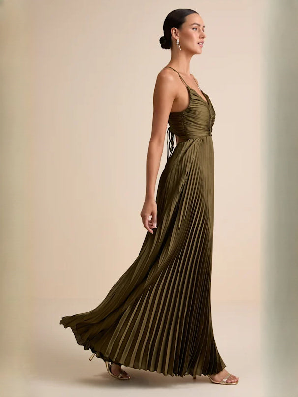 Olive Green a-line maxi formal dress with pleated skirt, alternate full-length view