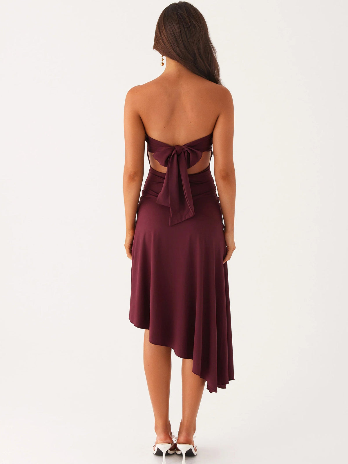 Mulberry midi formal dress, open back with tied bow and asymmetrical skirt