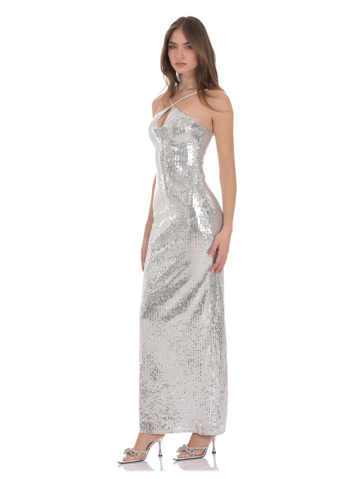 Silver bridesmaid dress with mesh construction and maxi hem