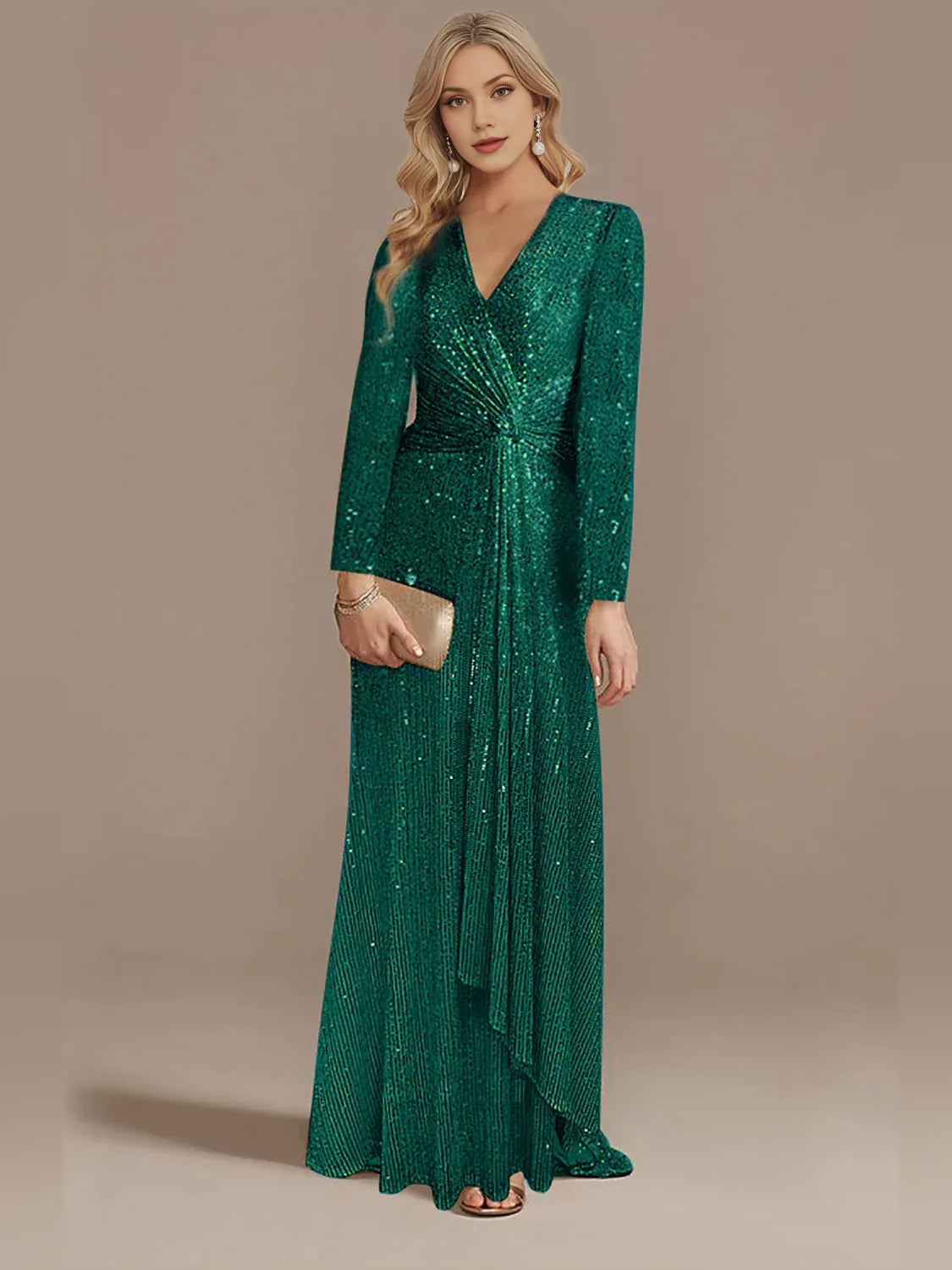 Green V-neck long-sleeve formal dress with ruching detail and floor-length hem