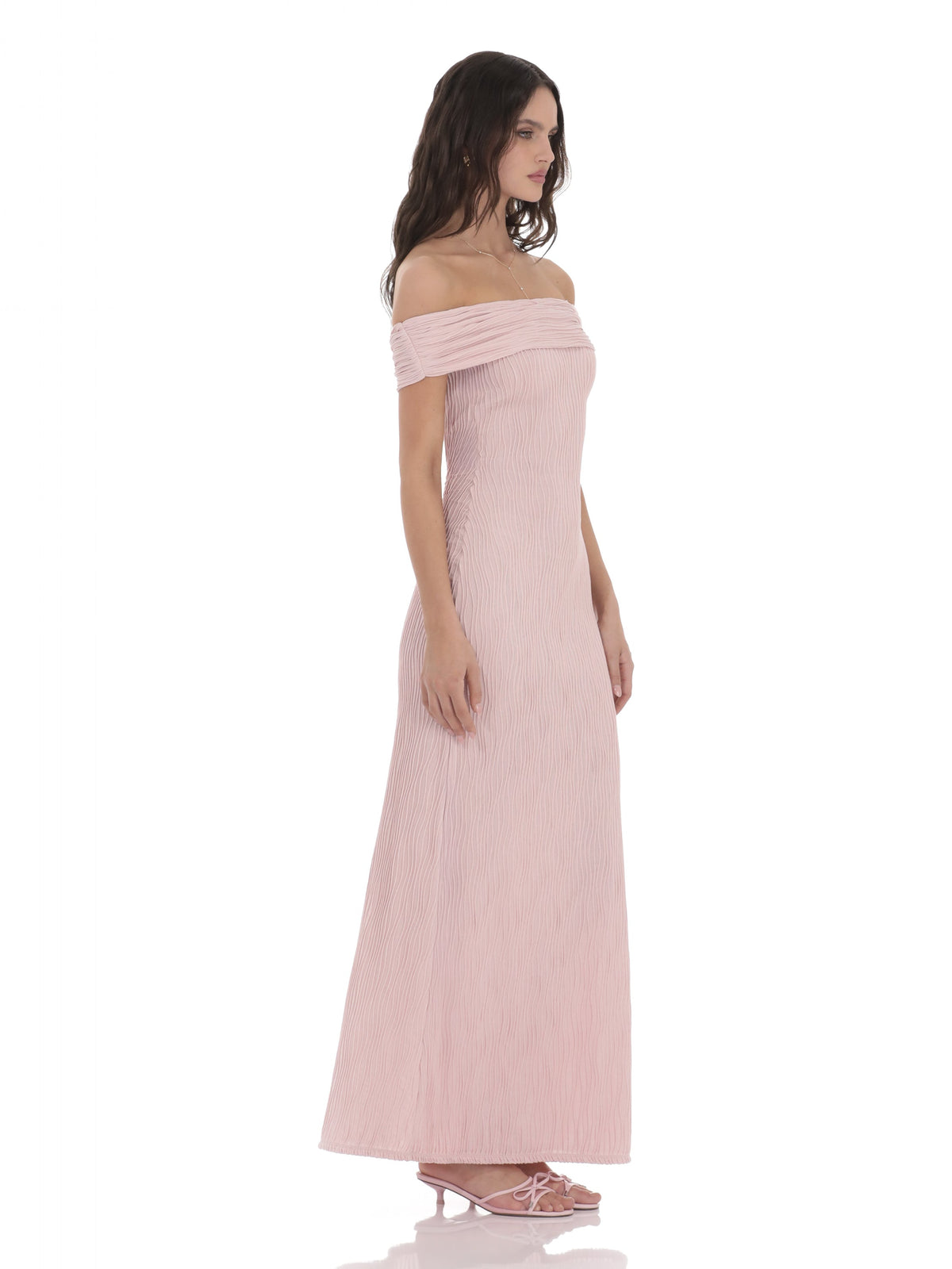 Blush Pink bridesmaid dress with structured woven fabric construction and maxi hem