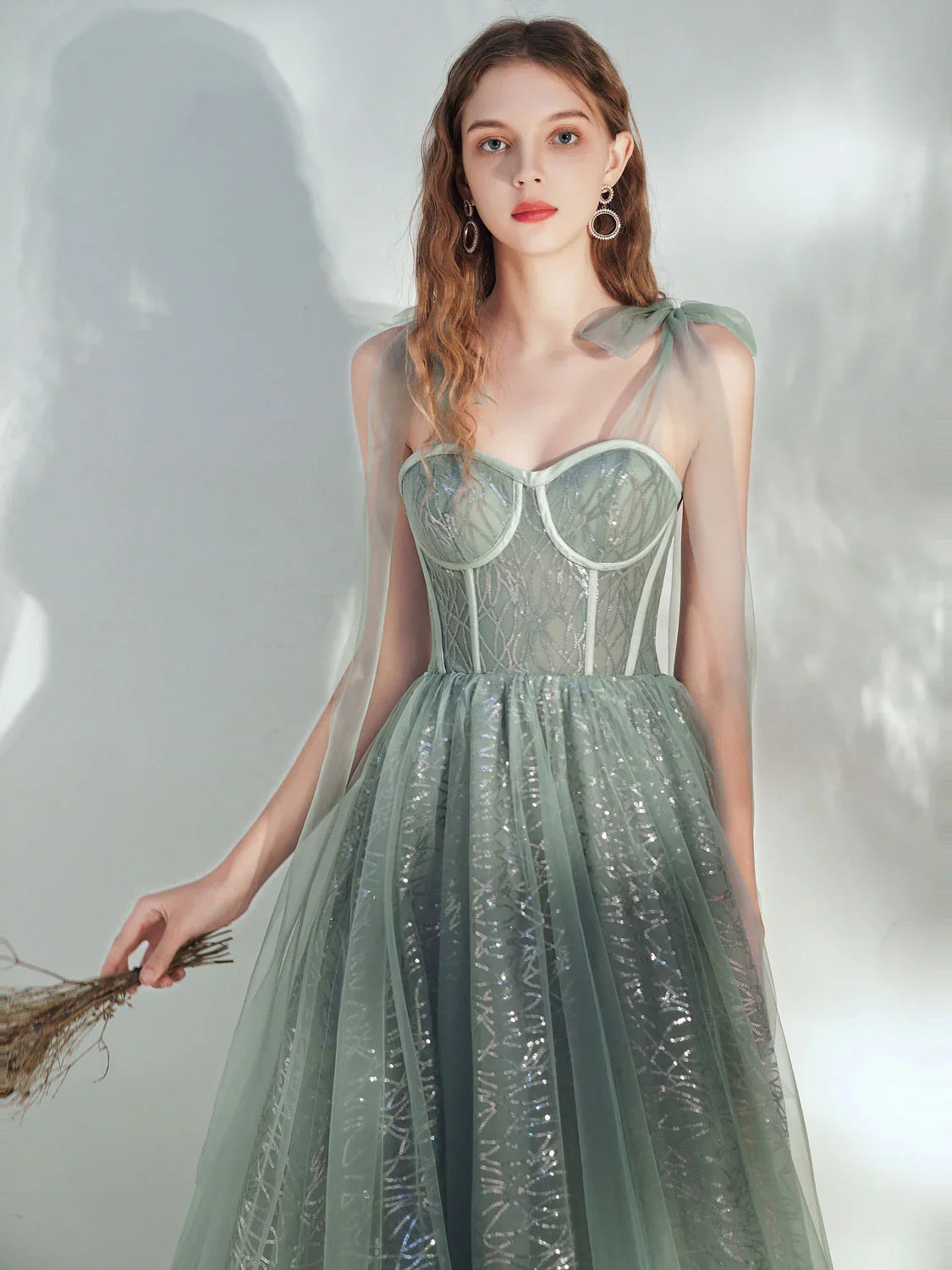 Sweetheart corset A-line midi dress in sage green with sweetheart neckline and bodice