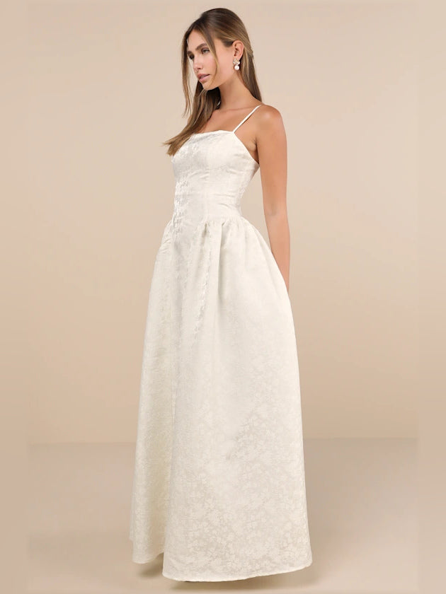 Ivory Floral a-line maxi formal dress with floral print, alternate view showing the bodice