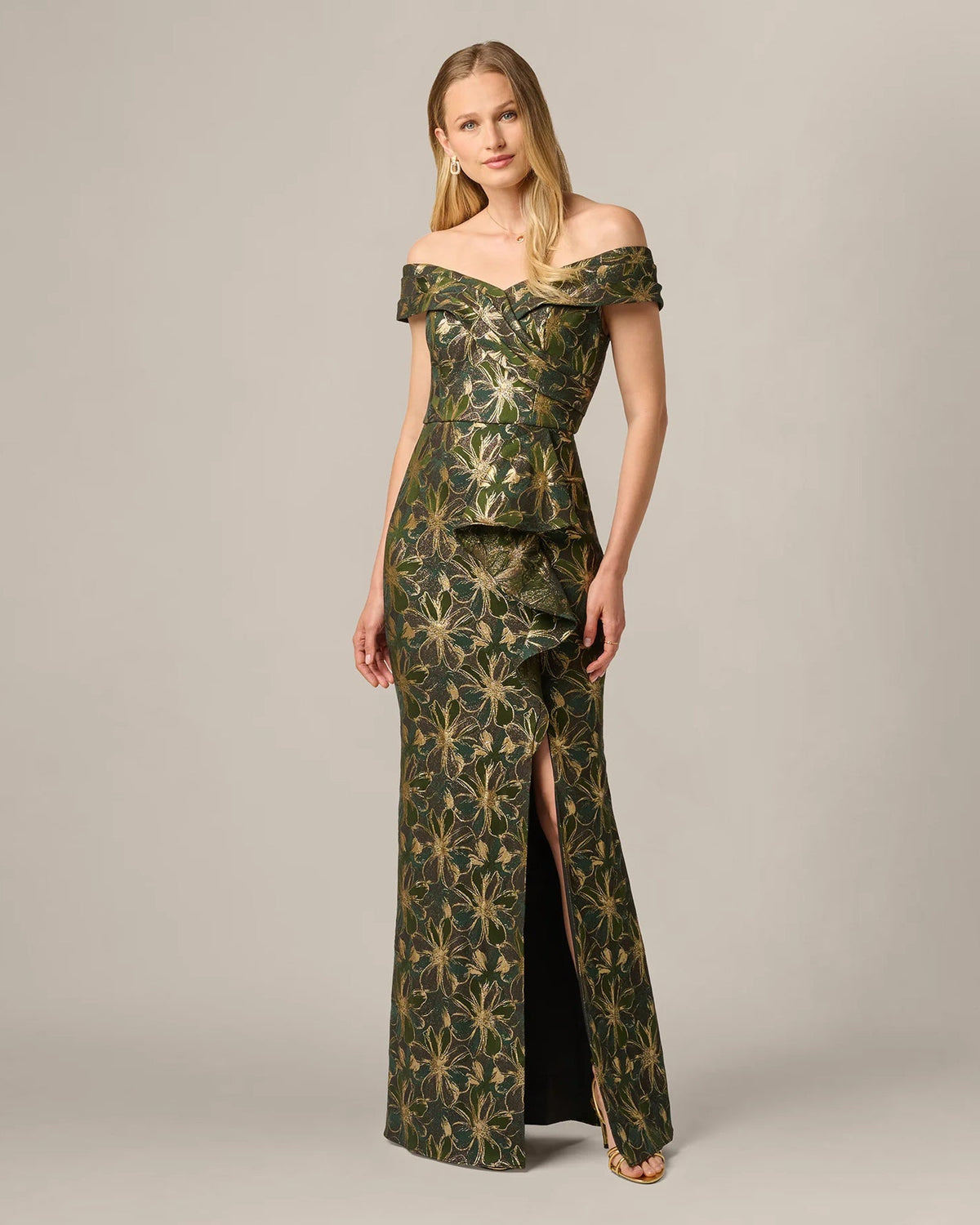 Off-shoulder A-line maxi dress in dark olive with gold botanical floral print and slit