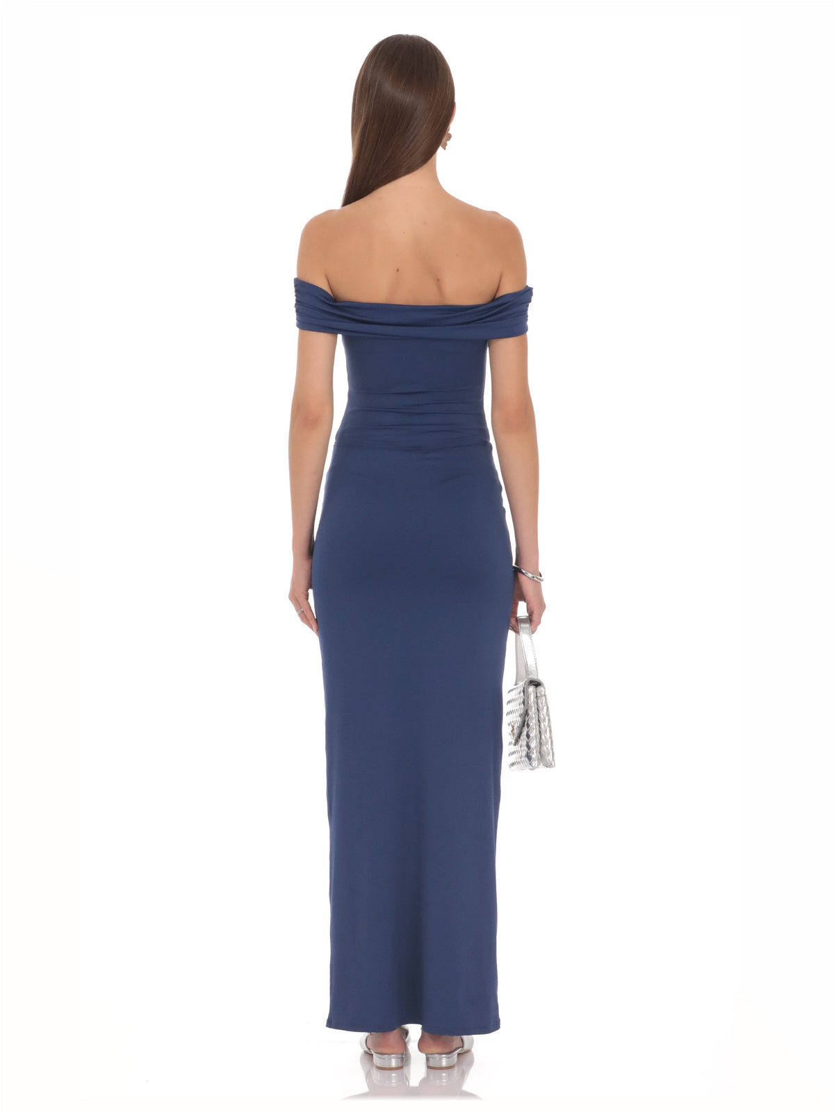 Blue bridesmaid dress with structured woven fabric construction and maxi hem