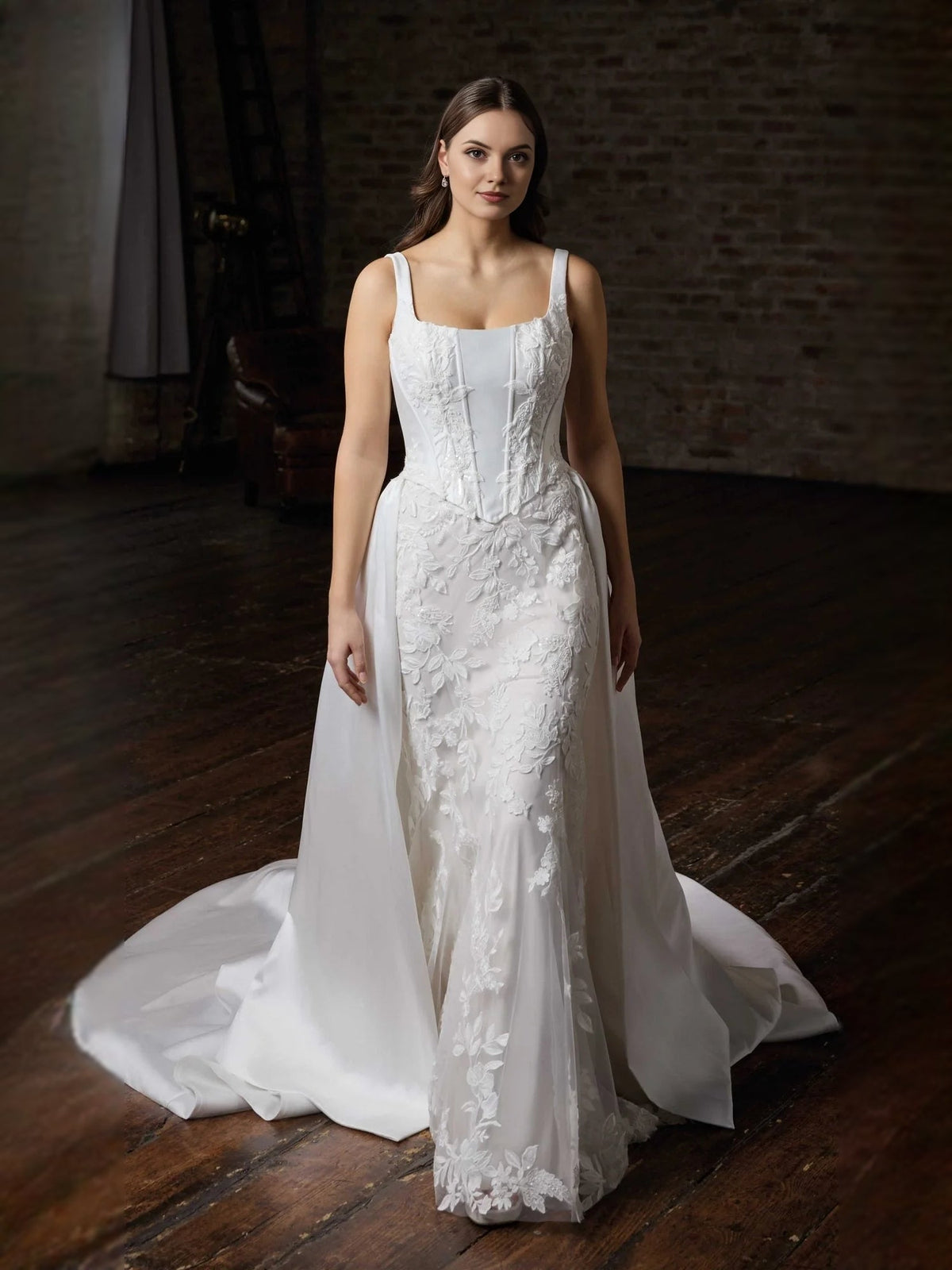 Ivory sleeveless corset mermaid wedding dress with square neckline and embroidered floral skirt