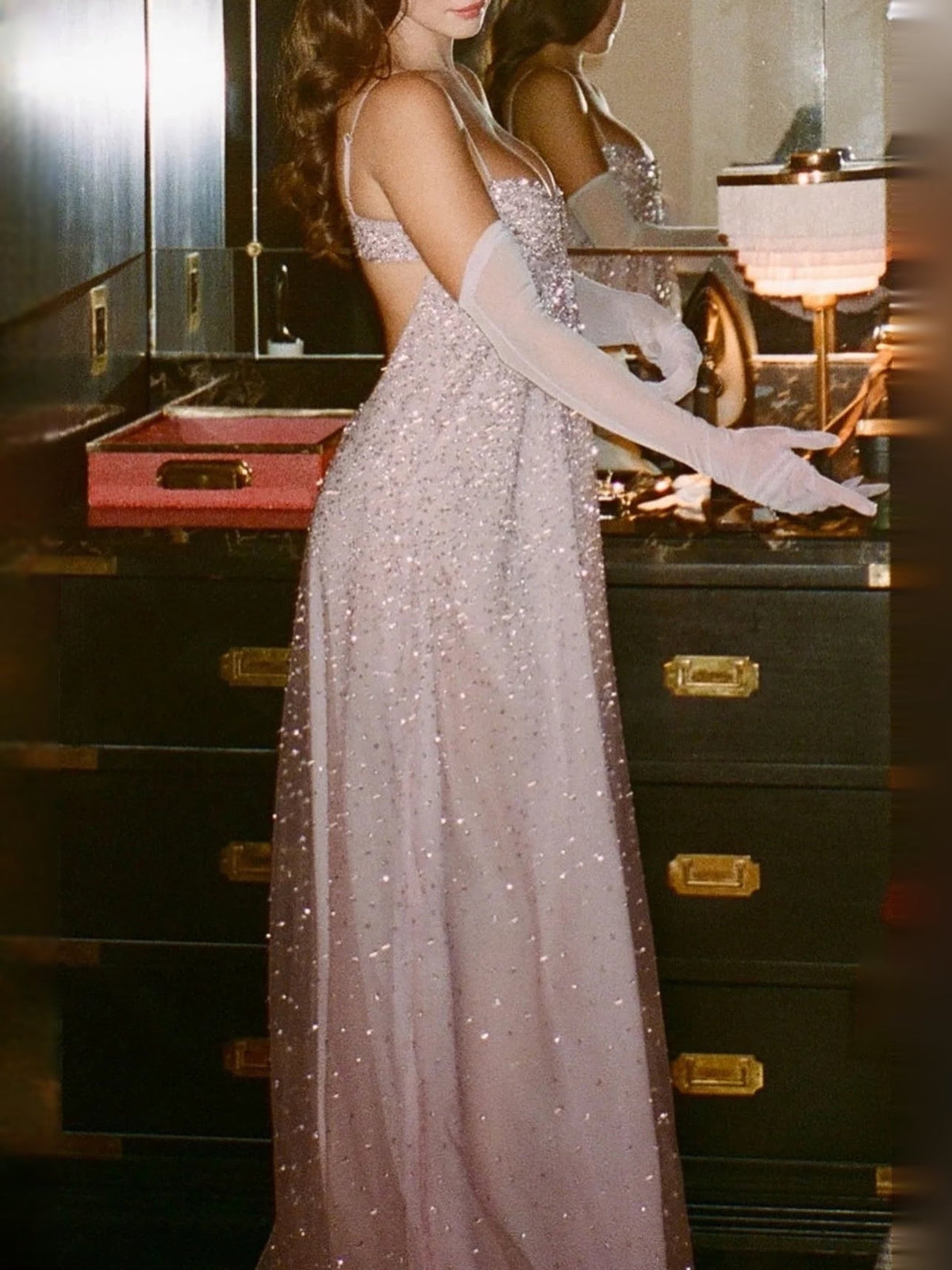 Rose-pink glitter A-line prom dress with sweetheart neckline and thin straps
