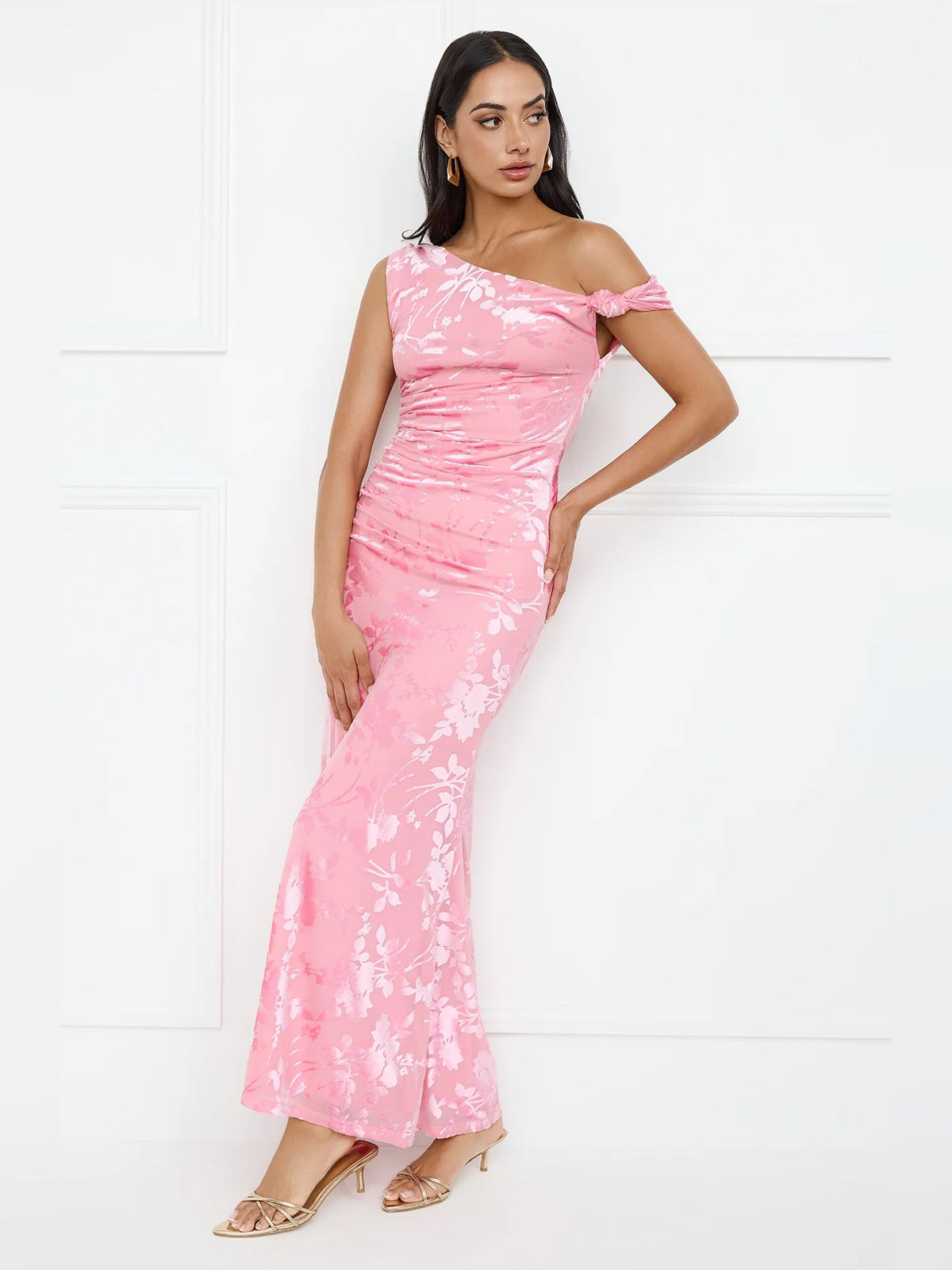 Pink sheath maxi formal dress with one-shoulder neckline, alternate full-length view