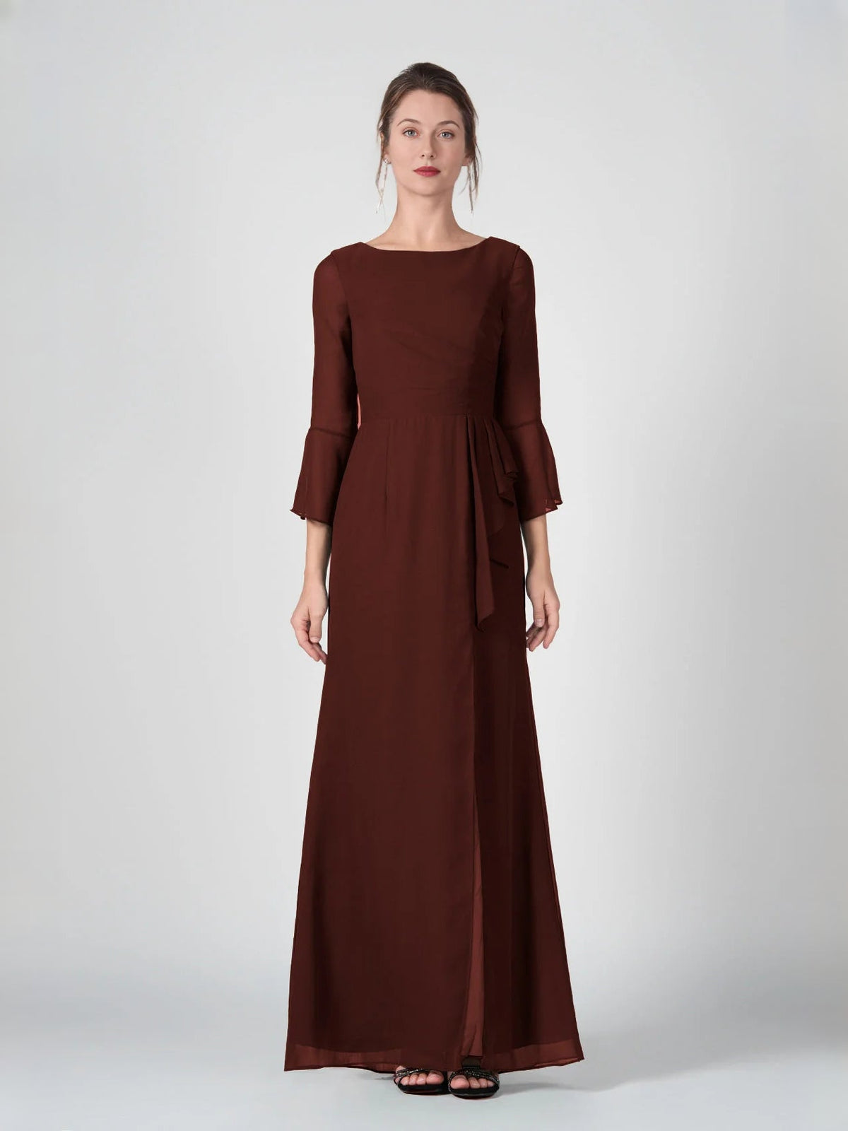 Cabernet chiffon bridesmaid dress with ruched waist and side slit, 3/4 sleeves