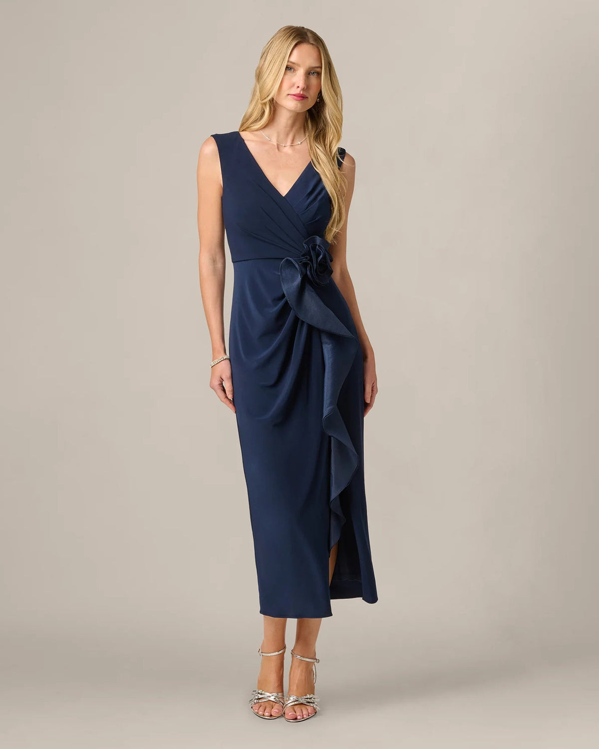 Midnight blue sleeveless draped A-line maxi dress with V-neck and knotted waist