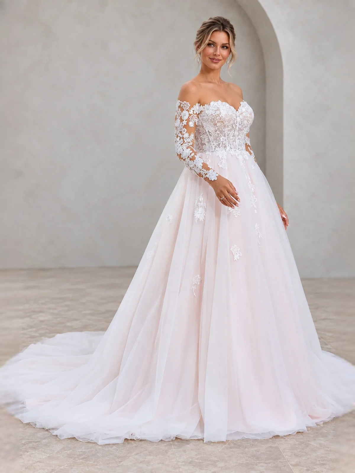 Ivory tulle A-line wedding dress with floral applique off-shoulder lace sleeves
