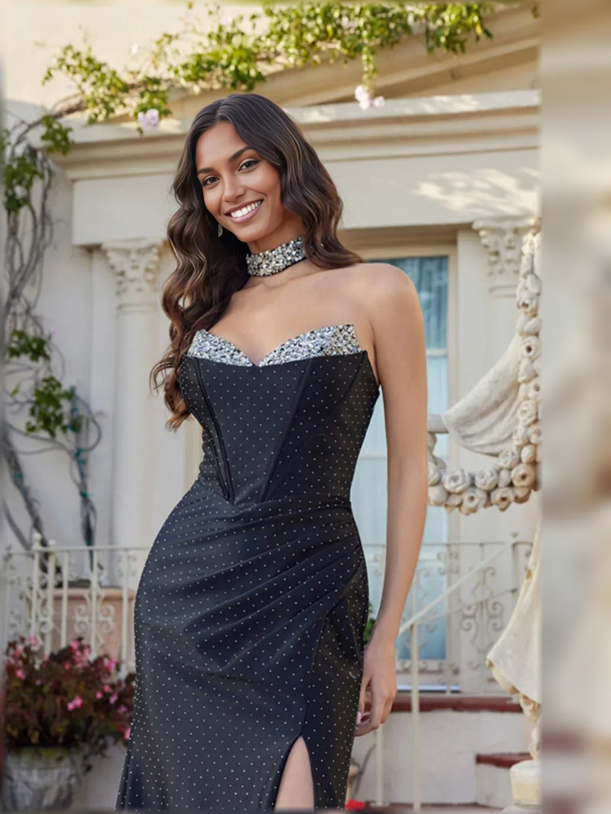 Light blue polka-dot sweetheart corset gown with beaded neckline and fitted bodice